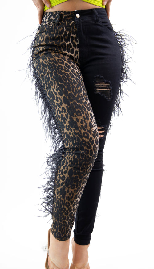 Leopard & Black Feather Two Faced Jeans