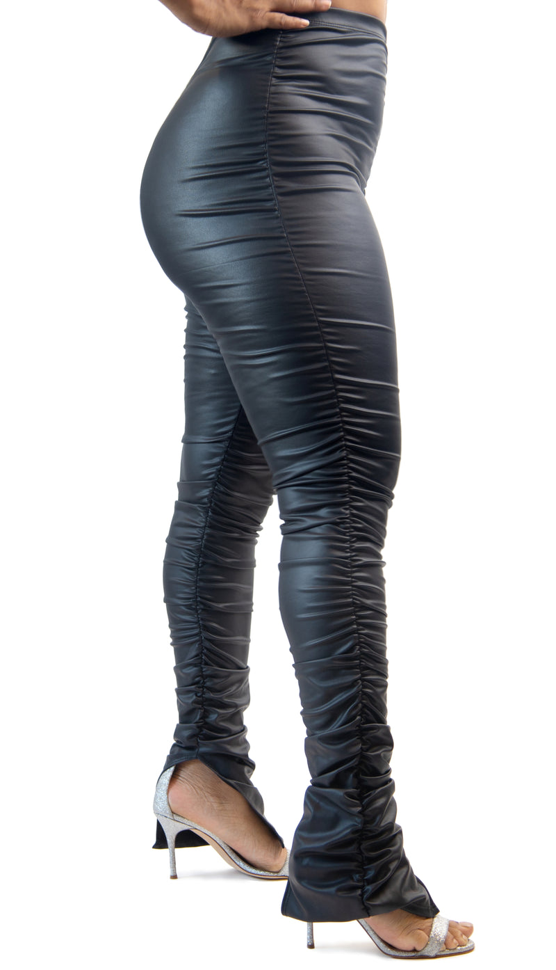 Black Ruched Vegan Leather Pants